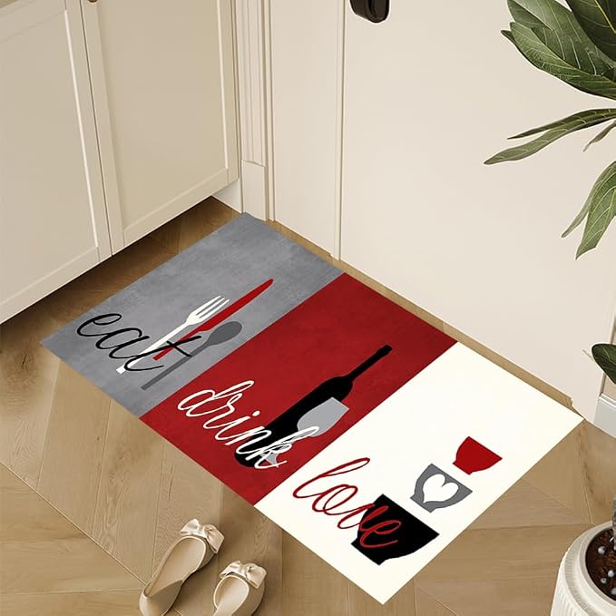 GUBIYU Red Gray Abstract Kitchen Area Rug, 2'11" x 1'11" (Runner), Non Slip, Fade Resistant, Polyester, Machine Made, All Seasons, Kitchen, Unisex, Limited Warranty
