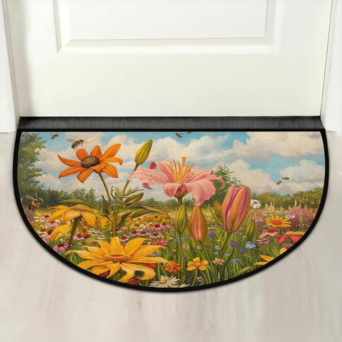 cfpolar Half Round Door Mat Vintage Floral Non-Slip Semi Circle Area Rug Washable Half Moon Hearth Rugs for Indoor Outdoor Bathroom Kitchen Patio Runner Mat Laundry Room Home Decoration