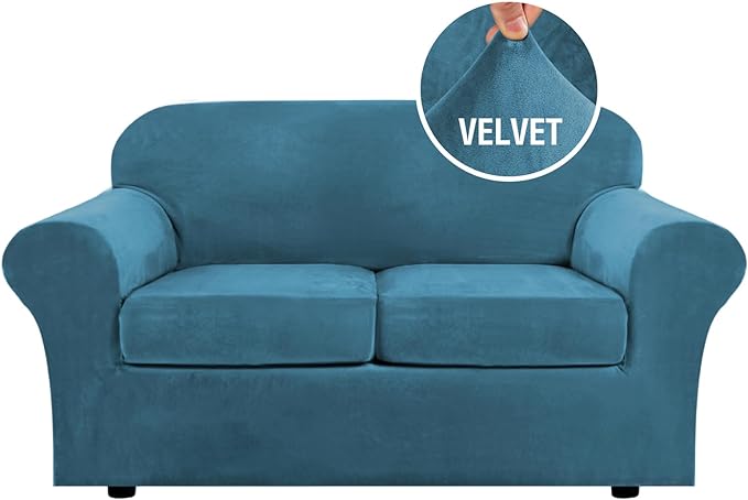 H.VERSAILTEX Real Velvet Plush 3 Piece Stretch Sofa Covers Couch Covers for 2 Cushion Couch Loveseat Covers Width Up to 72 Inch Thick Soft Stay in Place (Medium Sofa, Peacock Blue)