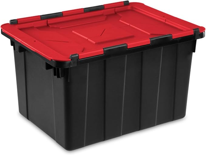 Sterilite 12 Gal Hinged Lid Industrial Tote, Stackable Storage Bin with Hinge Lid, Plastic Container to Organize Basement, Black with Red Lid, 6-Pack | Heavy-Duty and Stackable Utility Box Containers for Home, Office, and Basement Organization, Black/Red