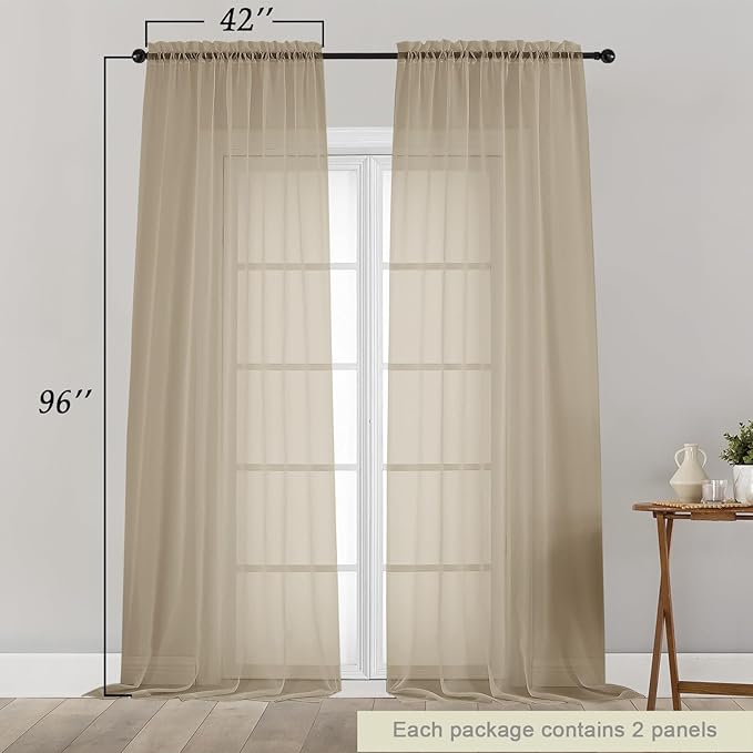 Taupe Sheer Curtains for Bedroom Living Room 96 Inches Long 2 Panels, Modern - Image 2