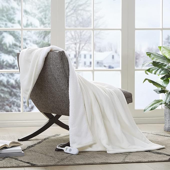 Serta Heated Electric Throw - Reversible Fleece Heating Blanket,Creme White | Dual-Layer Heated Throw Blanket With 5 Heat Settings & Auto Shut Off, Machine Washable, ETL Certified