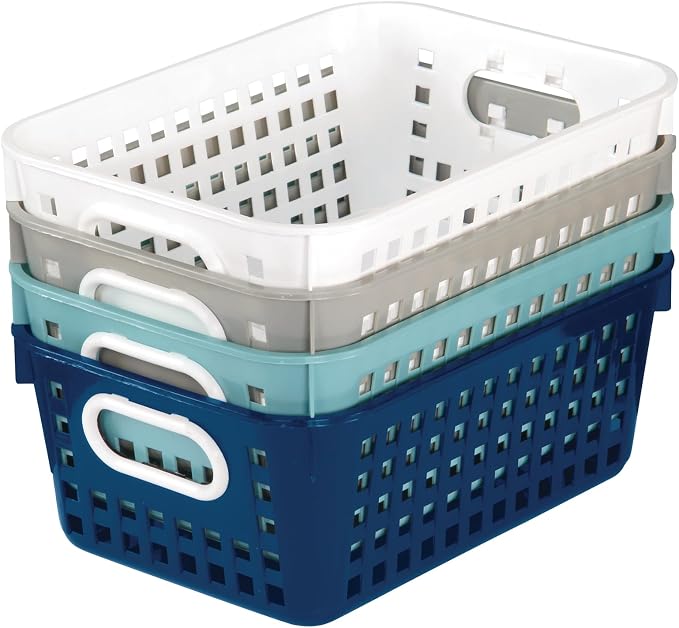 Really Good Stuff Medium Plastic Book Baskets, 11" x 7.5" x 4.5", 4-Pack | Cool & Calm Group Colors, Versatile Storage Solution for Classroom, Home, & Office, Storage, Multi-Purpose