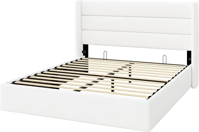 Allewie Queen Size Lift Up Hydraulic Storage Bed Frame White | Modern Wingback Headboard, Hydraulic Support Storage, No Box Spring Needed