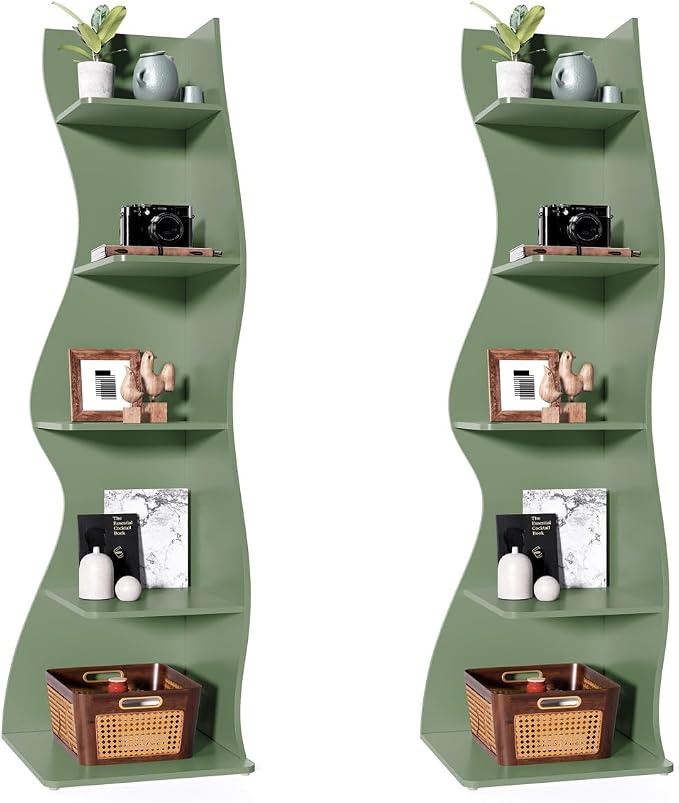 LITTLE TREE Small Corner Shelf, Modern 5-Tier Wall Corner Bookshelf, Stylish Bookcase Storage Rack for Small Space, Living Room, Bedroom, Green, 2 Pack