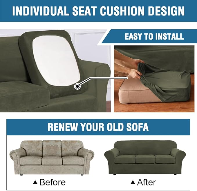 H.VERSAILTEX Real Velvet Plush 3 Piece Stretch Sofa Covers Couch Covers for 2 Cushion Couch Loveseat Covers Width Up to 72 Inch Feature Thick Soft Stay in Place (Medium Sofa, Olive)