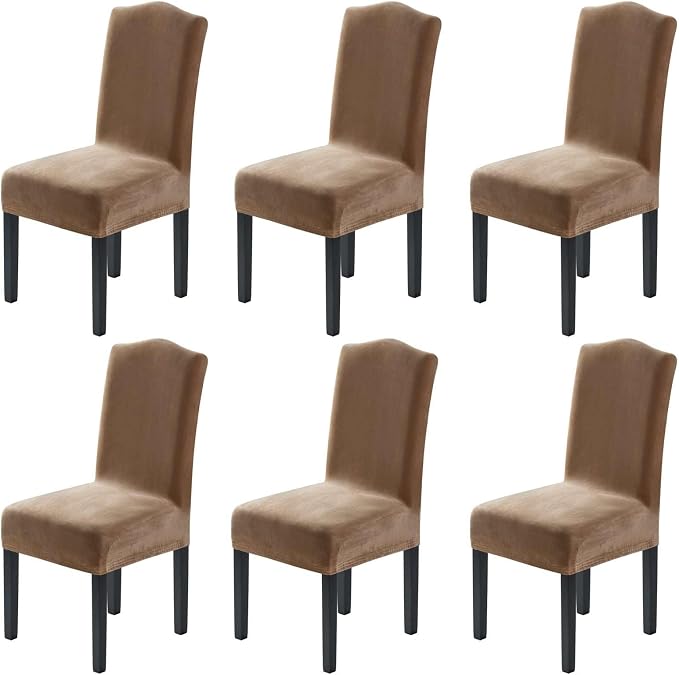H.VERSAILTEX Velvet Dining Chair Covers Stretch Chair Covers for Dining Room Set of 6 Parson Chair Slipcovers Chair Protectors Covers Dining, Soft Thick Solid Velvet Fabric Washable, Camel
