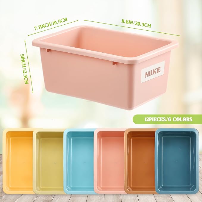 Thyle 12 Pieces Plastic Cubby Bins with Labels Classroom Book Bins Stackable Storage Container Durable Toy Storage Organizer Baskets for School Classroom Office (Simple,Morandi Color)