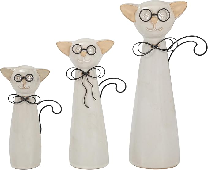 Ceramic Cat Figurine Sculpture – Playful Room Decor Accent, Shelf, Desk, or Console Placement, Whimsical Cat Home Decor With Glasses and Bow – 11", White