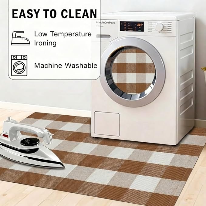 SEEKSEE Buffalo Plaid Rug 4' x 6' Coffee and White Large Front Door Mat, Layering Area Rug, Fall Rug for Outdoor Patio Entryway Indoor Living Room Kitchen Dining Room Decor