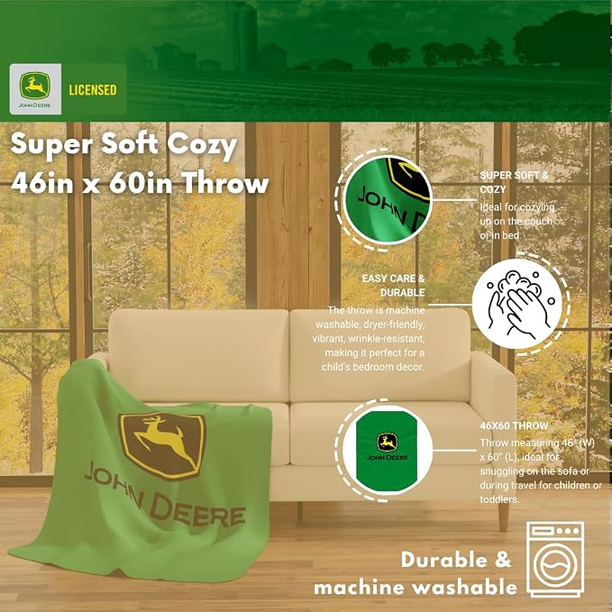 Collectibles John Deere Bedding Super Soft Cozy Plush Throw, 46 in x 60 in, (Officially Licensed Product) By Franco