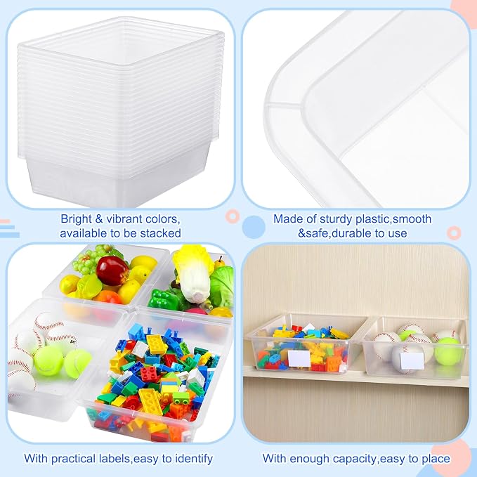 Hoolerry 24 Pack Classroom Cubby Storage Bins Plastic Stackable Storage Bins with Labels Cubby Organizer Containers for Classroom School Toy Book Organization(14 x 10 x 3 Inch,Clear)