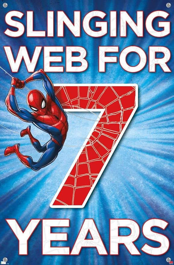 Trends International Marvel Spider-Man - Happy 7th Birthday Wall Poster, 14.72" x 22.37", Premium Poster & Push Pin Bundle