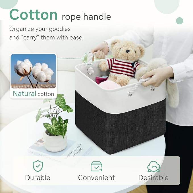 FinishingBo 11 inch Cube Storage Bin with Handles 6 Pack | Foldable Basket, Fabric Storage Bins, Closet Storage, Home Organizer (White/ Black)
