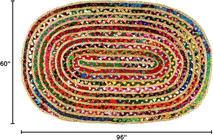 Cotton Craft - Hand Woven Reversible Jute & Cotton Multi Chindi Braid Rug - 5 x 8 Feet Oval - This Rug is Made from Multi Color re-cycled Yarns, Actual Product May Vary in Color from the Image Shown