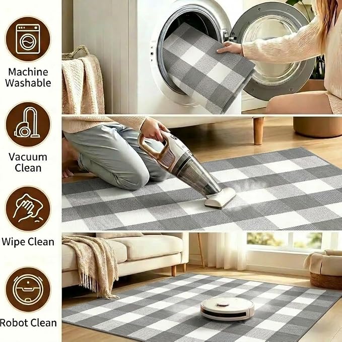 Buffalo Plaid Rug 2'4''x 3'7'' Grey and White Front Door Mat Reversible Layered Porch Rug Washable Hand Woven Cotton Area Rug for Indoor Outdoor Entryway Patio Porch Decor