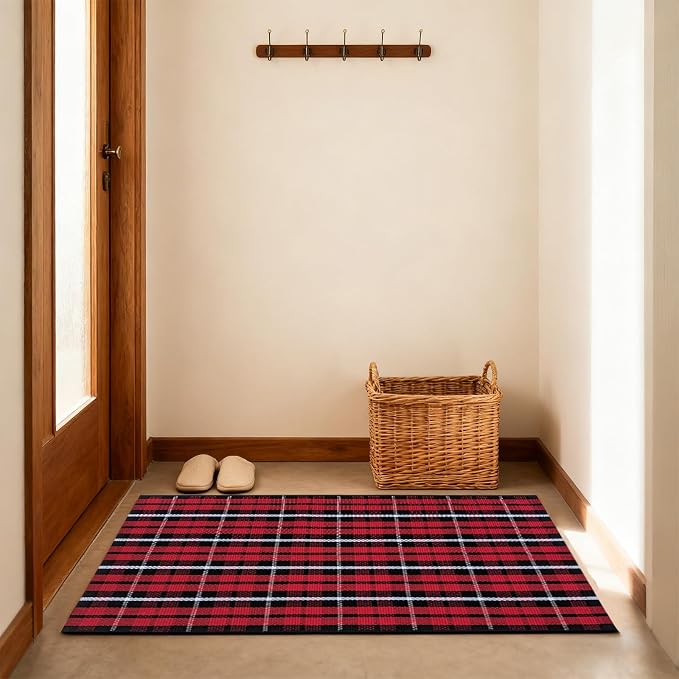 USTIDE Buffalo Plaid Rug 2'x3' Red & White Check Front Doormat Checkered Layering Floor Mat for Hello/Welcome Hand Woven Cotton Rug for Front Door Porch Kitchen