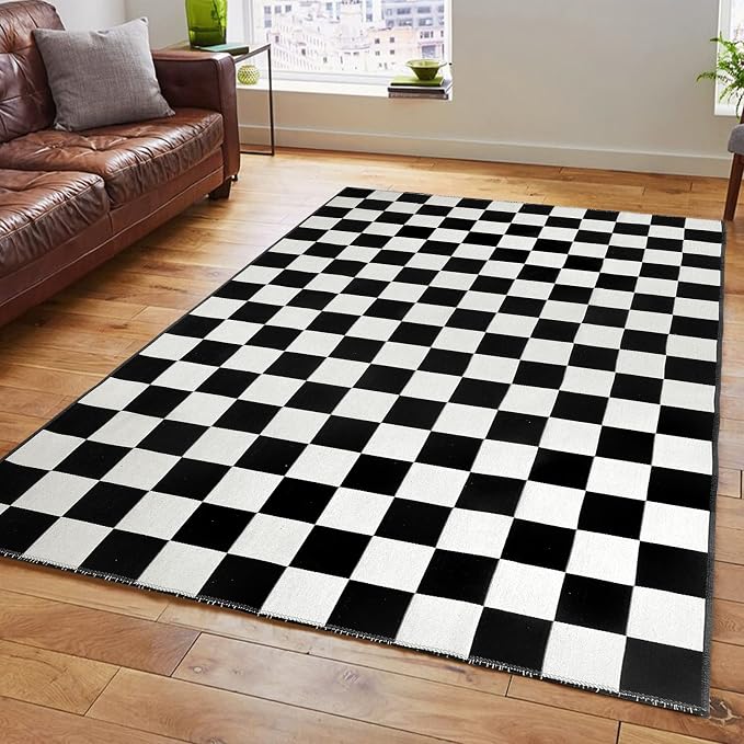 Seavish Checkered Area Rug, 5x6.5 Ft Black and White Outdoor Area Rug | Farmhouse Checkerboard Washable Rugs, Low Pile Cotton Woven Rugs for Living Room Bedroom Dining Room Entryway Office Dorm