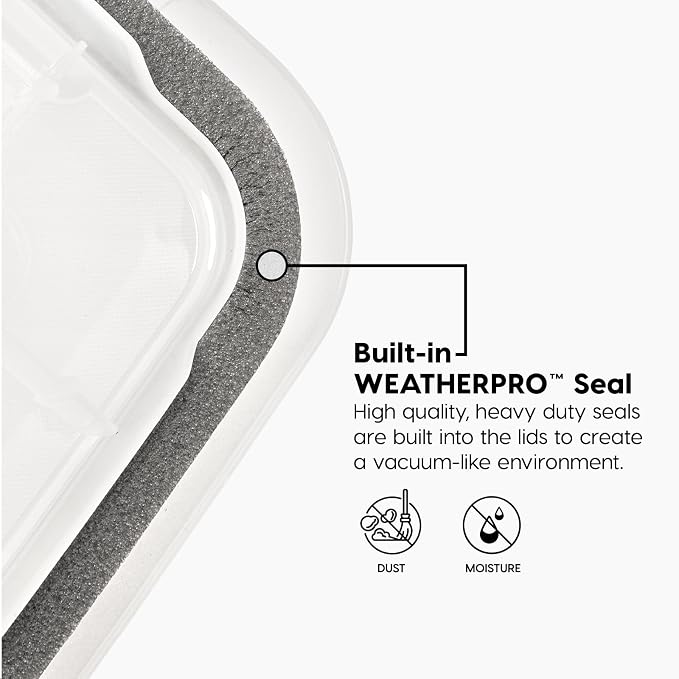 IRIS USA WeatherPro Storage Bins with Lids, 63 Qt, Clear, 4 Pack | Heavy-duty gasket seal protects food, clothing, camping gear, tools, emergency supplies, and keepsakes from moisture.