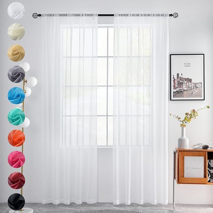 youleyar Solid Sheer Rod Pocket Curtain Voile Draperies 2 Panels White Beige Black Grey Coffee 52 Inch Width 118 Inch Long 1 Pair for Kitchen Bedroom Children Living Room Yard(White,52Wｘ118L)