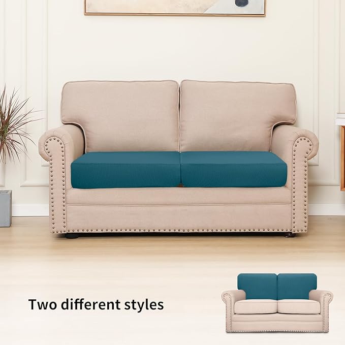 Easy-Going Stretch Individual Loveseat Couch Cushion Cover Sofa Cushion Furniture Protector Sofa slipcover Soft Flexibility with Elastic Bottom (2-Piece Loveseat Cushion Cover, Peacock Blue)