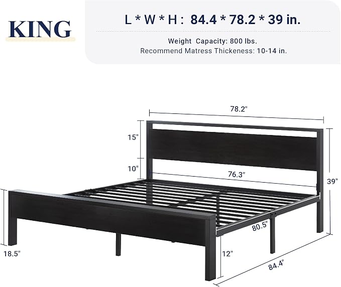 Allewie King Size Bed Frame, Heavy Duty 12 Metal Slats Support, Black Oak | Wooden Headboard and Footboard, Modern Platform Bed, No Box Spring Needed, Under-Bed Storage, Noise Free, Easy Assembly