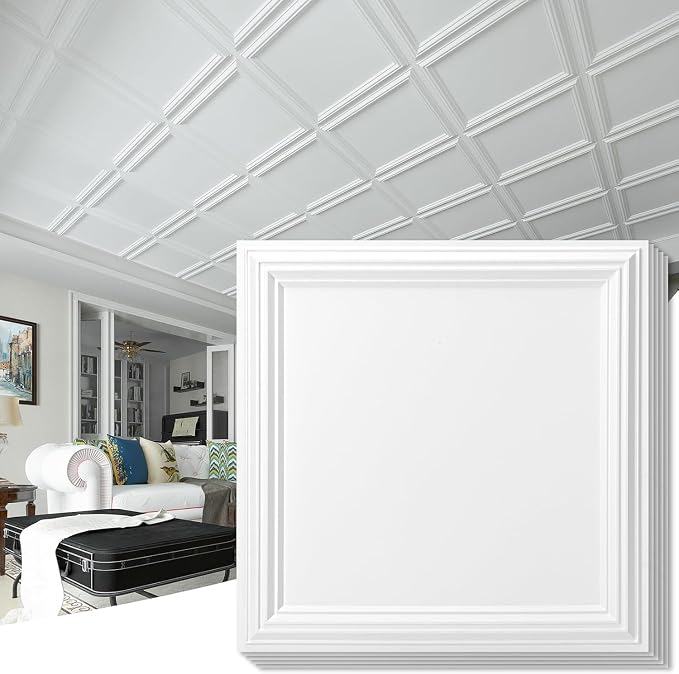 Art3d 36-Pack Drop Relief Ceiling Tiles for Home, Office & Commercial Space, 24 x 24in PVC Waterproof 3D Wall Panels, Covers 144 Sq. Ft, Multi-Pack, Square White