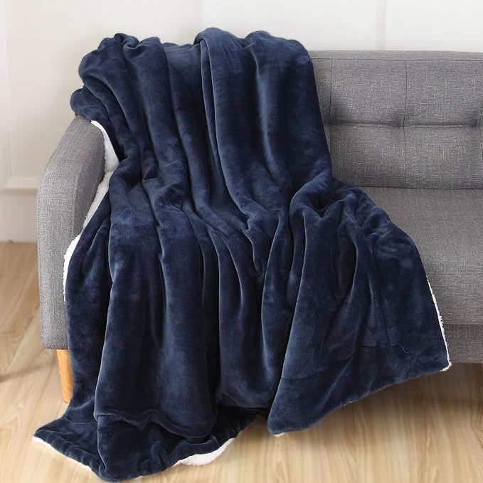 Elegant Comfort Throw Blanket, Reversible Sherpa Flannel, Ultra-Soft, Fuzzy, Cozy and Plush- All Season Lightweight Decorative Throw, 50 x 60 inches, Solid Sherpa Throw, Navy Blue