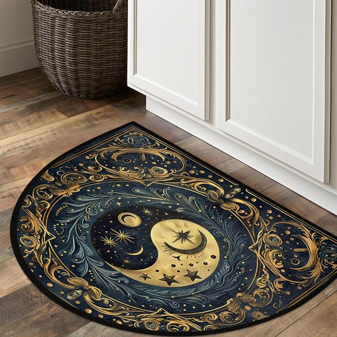 Ethnic Yin Yang Half Round Door Mat Non-Slip Semi Circle Rug Washable Half Moon Floor Rug Absorbent Bathroom Area Rugs for Outdoor Indoor Fireplace Mat Entryway Kitchen Decor Rugs