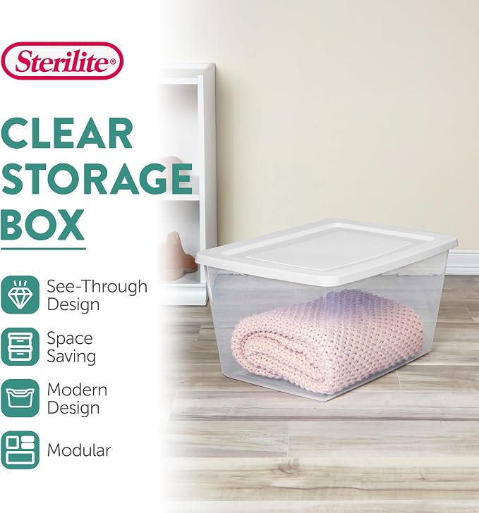 Sterilite Clear Storage Box Stackable Tote, 58 Quart, 12-Pack | Clear Plastic Container with Secure Snapping Lids for Home and Office Organization, White