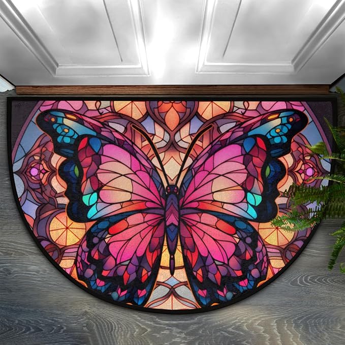 Half Round Door Mat Butterfly Glass Window Intdoor Entrance 36x24 Inch, Non-Slip Welcome Mat for Outdoor Semi Circle Bathroom Floor Rugs,House Entry Way Heavy Duty Doormat for Kitchen Living Room