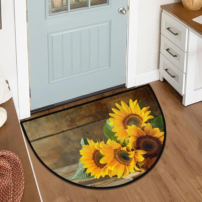 cfpolar Half Round Door Mat Wood Sunflower Flower Floral Non-Slip Semi Circle Area Rug Washable Half Moon Hearth Rugs for Indoor Outdoor Bathroom Kitchen Patio Runner Mat Laundry Room Home Decoration