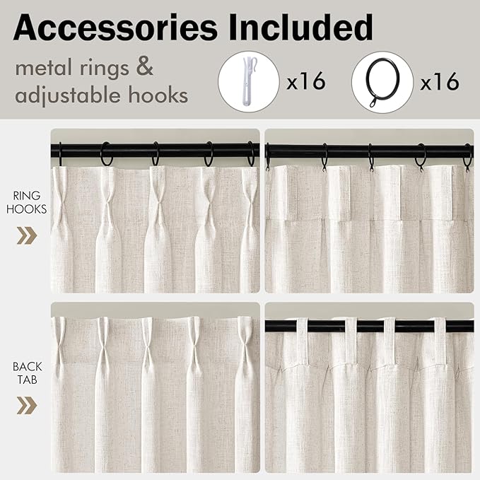 MIULEE Pinch Pleated Thick Linen Curtains 100 Inches Long 2 Panels for Living Room Bedroom, Pinch Pleat Drapes Back Tab Light Filtering Floor to Ceiling Semi Sheer Natural Farmhouse Window Curtains