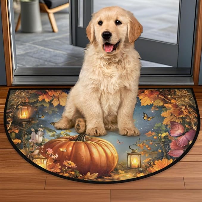 Pumpkin Maple Leaf Butterfly Half Round Door Mat Non-Slip Soft Doormats for Home Indoor Outdoor Entrance Bath Carpet Area Rugs for Home Dining Living Room Bedroom 36" X 24"