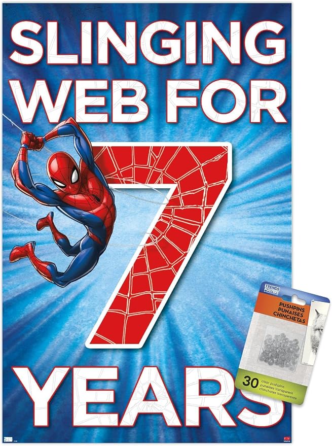 Trends International Marvel Spider-Man - Happy 7th Birthday Wall Poster, 14.72" x 22.37", Premium Poster & Push Pin Bundle