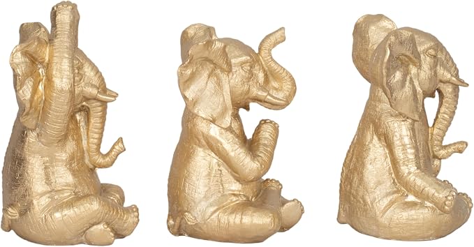 Resin Elephant Figurines Statue Set – Room Decor Accent Trio, Shelf, Desk, or Nightstand Placement – Meditation Pose Symbol of Wisdom and Calm, Home Decor – 8", Gold Finish