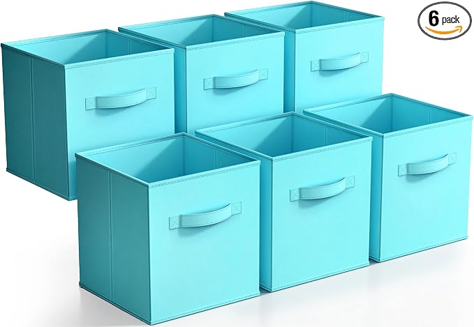 Sorbus Foldable Storage Cubes - 6 Fabric Baskets for Organizing Pantry, Closet, Shelf, Nursery, Playroom, Toy Box, Cubby - 11 Inch Dual Handle Collapsible Closet Organizers and Storage Bins (Aqua)
