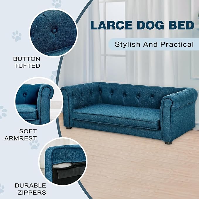 Dog Sofa Couch for Small to Medium Dogs, Memory Foam Dog Couch with Washable Fabric, Removable Cushion, Sofa Bed for Medium Dogs, Blue