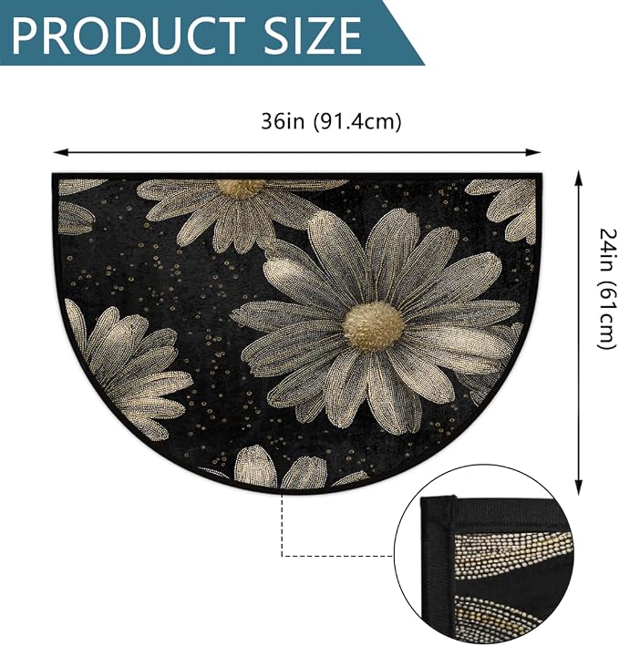 Daisy Half Round Door Mat Semi Circle Rug Half Moon Doormat | Soft Washable Black Elegant Welcome Entrance Mat for Outdoor Indoor Floor Bedroom Bathroom Home Kitchen Festival Decor