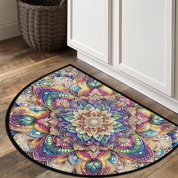 Flower Mandala Rainbow Half Round Door Mat Non-Slip Semi Circle Rug Washable Half Moon Floor Rug Absorbent Bathroom Area Rugs for Outdoor Indoor Fireplace Mat Entryway Kitchen Decor Rugs
