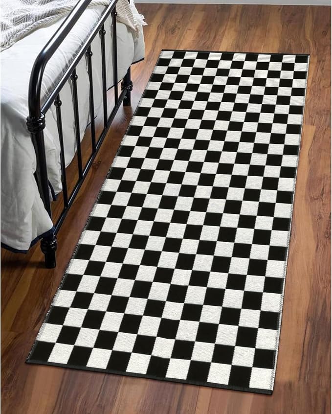 Seavish Black and White Checkered Rug, 2x4.3 Ft Outdoor Front Door Rugs | Low Pile Washable Cotton Woven Runner Rugs, Reversible Layered Floor Door Mat for Front Door Hallway Entryway Porch Patio