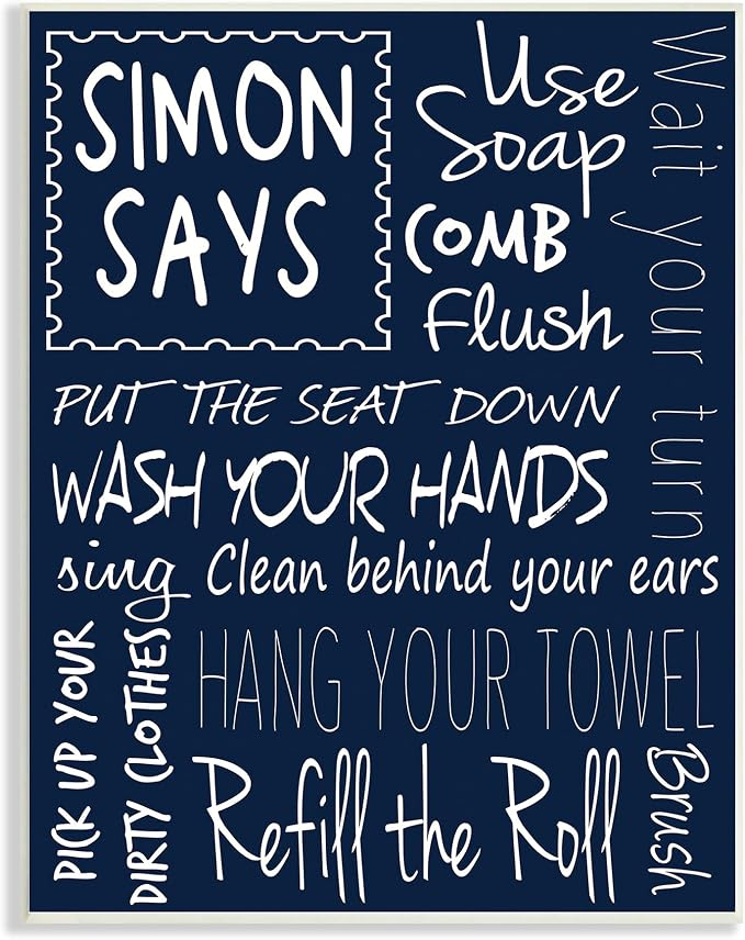 Simon Says Bath Rules, 13 x 19 Inch Mounted Print on Wall Plaque | Stupell Industries | 13 x 19 Inches, Easy to Hang and Sturdy, Made in USA, by Regina Nouvel