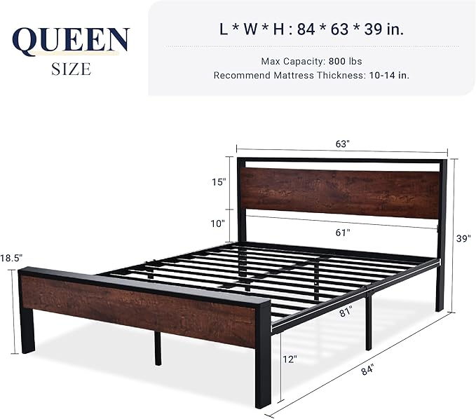 Allewie Queen Size Bed Frame, Heavy Duty 12 Metal Slats Support, Mahogany | Wooden Headboard and Footboard, Modern Platform Bed, No Box Spring Needed, Under-Bed Storage, Noise Free, Easy Assembly