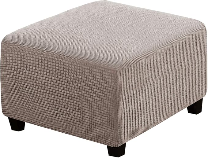 H.VERSAILTEX Square Ottoman Covers Ottoman Slipcovers Folding Storage Stool Furniture Protector Form Fit with Elastic Bottom, Stretch High Spandex Small Checks Jacquard Fabric(Large,Taupe)