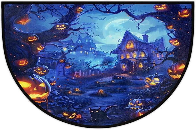 Pumpkin Half Round Door Mat Semi Moon Rug Fireplace Carpet Area Rugs | Halloween Pumpkin Non Slip Absorbent Half Circle Mat Carpet for Indoor Outdoor Patio Kitchen Bathroom Entryway Home Decor