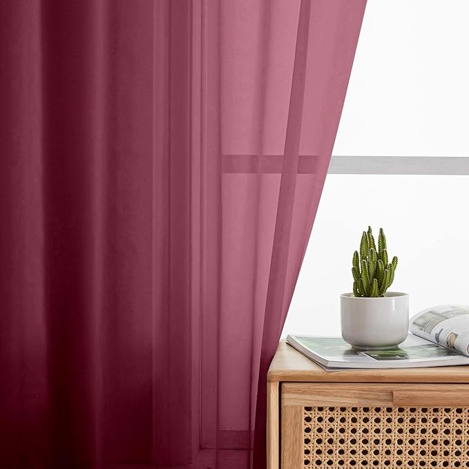 Sheer Burgundy Curtains for Bedroom Living Room 90 Inches Long 2 Panels Set, Soft Airy Light Filtering Sheer Window Treatments, Modern Rod Pocket Curtains Drapes, Each 42" Wx90 L Inch