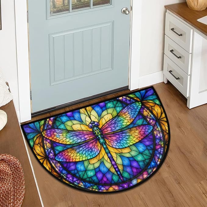 Dragonfly Half Round Door Mat Outdoor Doormat Bedroom Entrance Rug A6 | Dragonfly Colored Glass Painting Semi Moon Door Mat Non-Slip Absorbent Kitchen Rug Indoor Welcome Bath Mat 36" X 24"