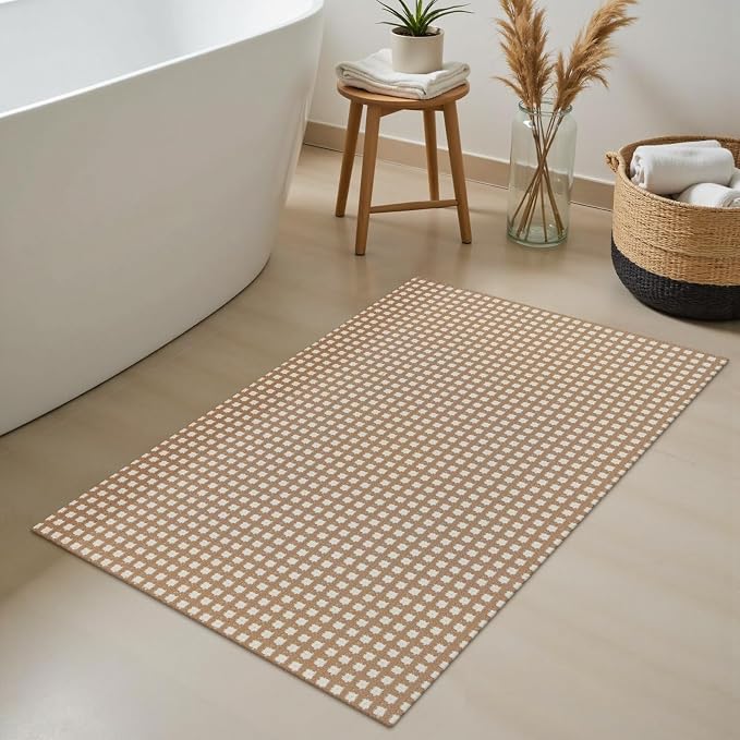Rugalia Washable Woven Indoor Outdoor Doormat, 2x3 Camel Cotton Small Entryway Rug Low Pile Non-Slip Kitchen Rug, Modern Plaid Throw Carpet for Porch Bathroom Entrance Bedroom