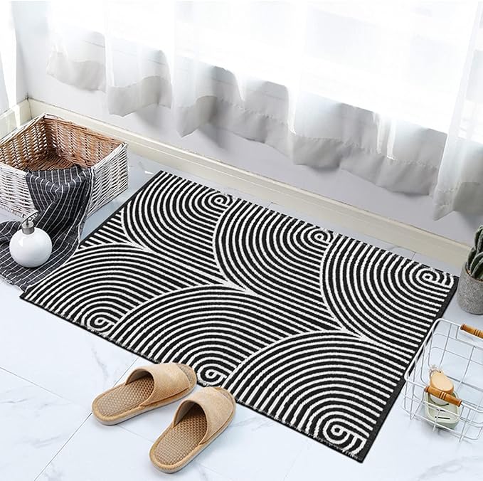 Tiffasea Front Door Mat 2'x3' Washable Welcome Mat Kitchen Bathroom Rug | Woven Black and White Bathroom Rug Machine Washable Reversible Indoor Outdoor Rugs Layered Floor Mat for Entryway/Kitchen