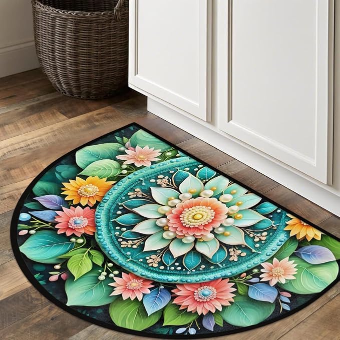 Ethnic Mandala Half Round Rug Half Moon Door Mat Half Circle Rugs | Flowers Green Washable Non-Slip Semi Circle Rug Welcome Half Round Door Mat Indoor Entrance Kitchen Bedroom Living Room Decor